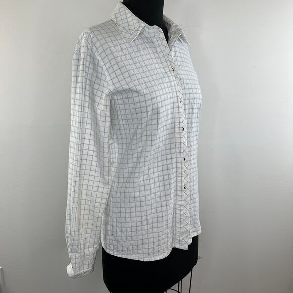 VINTAGE Escada White Blue Check Long Sleeve Button-Down Women's Cotton Shirt S - Picture 2 of 11